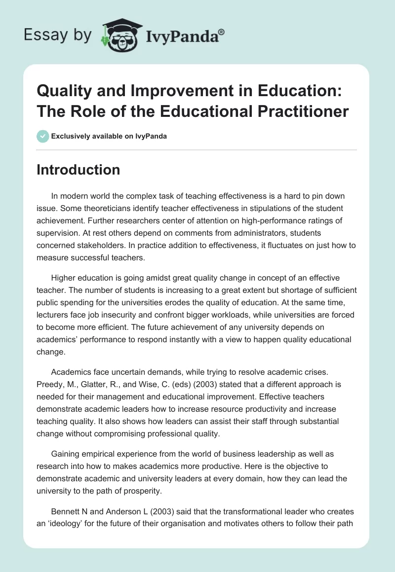 Quality and Improvement in Education: The Role of the Educational Practitioner. Page 1