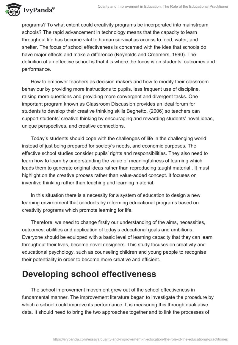 Quality and Improvement in Education: The Role of the Educational Practitioner. Page 4