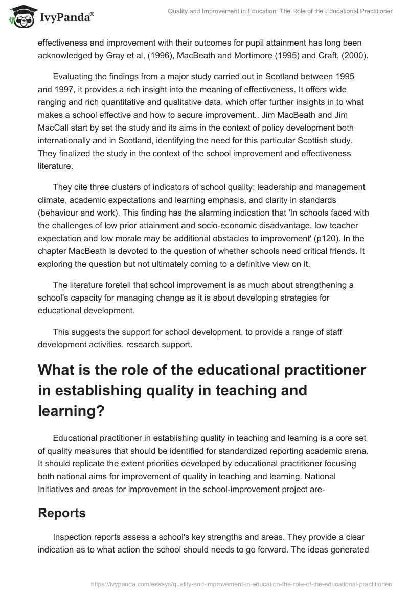 Quality and Improvement in Education: The Role of the Educational Practitioner. Page 5