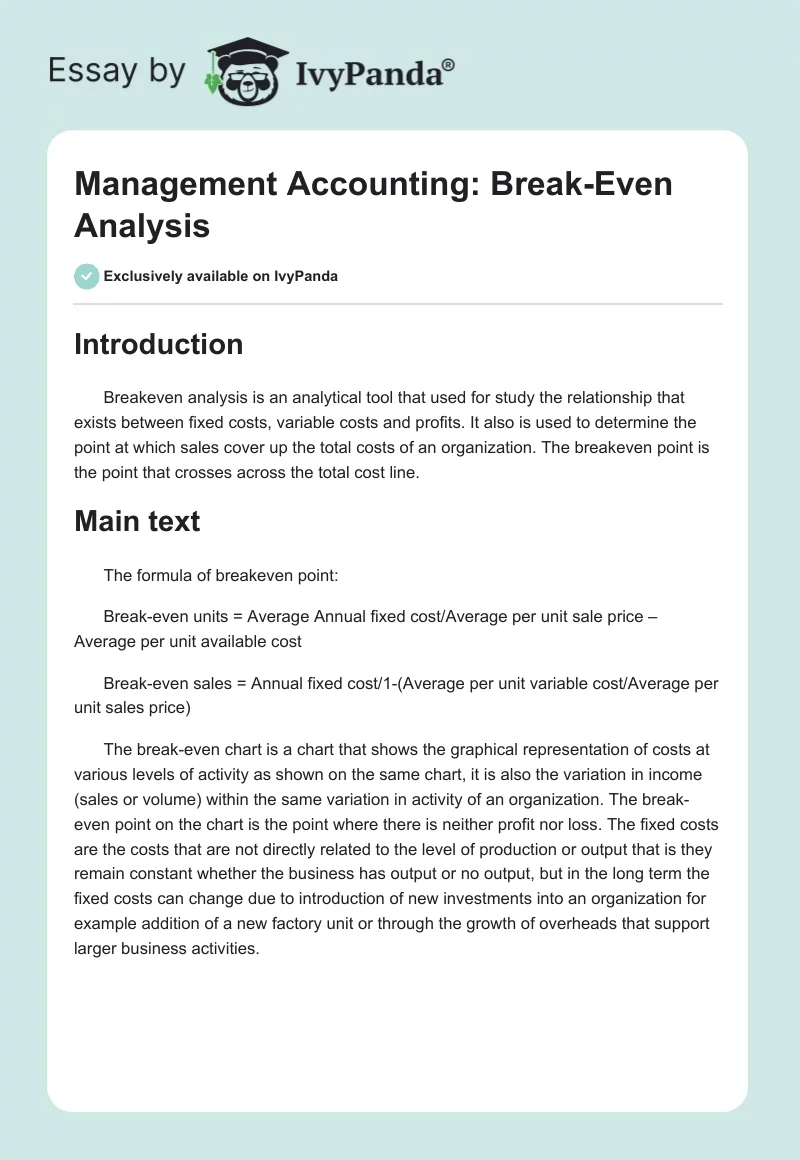Management Accounting: Break-Even Analysis. Page 1