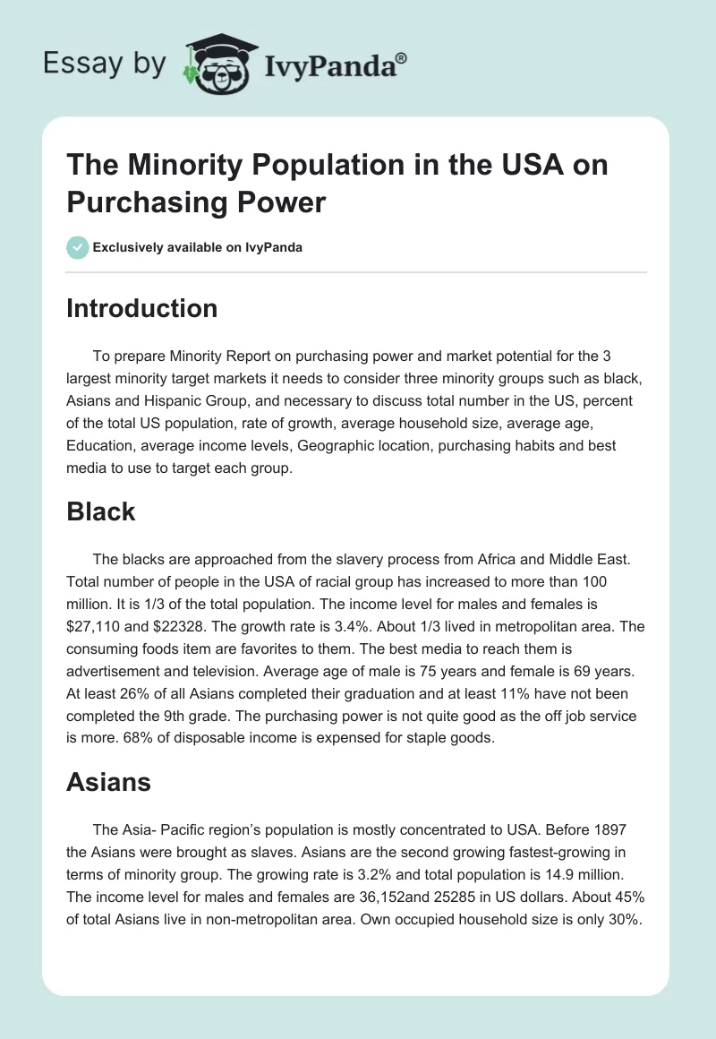The Minority Population in the USA on Purchasing Power. Page 1
