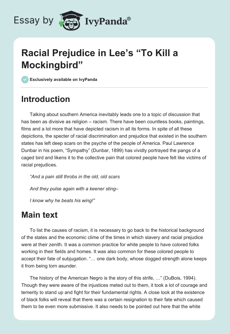 Racial Prejudice in Lee’s “To Kill a Mockingbird”. Page 1