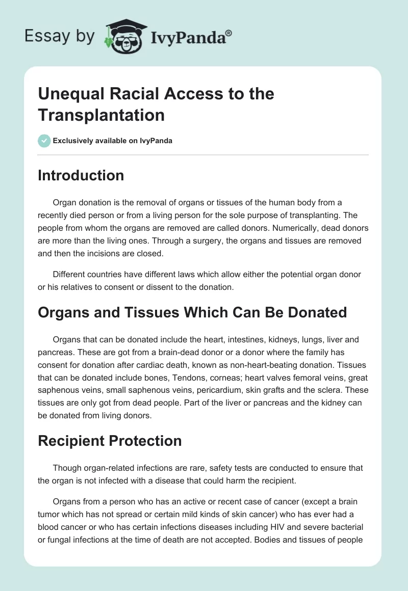Unequal Racial Access to the Transplantation. Page 1