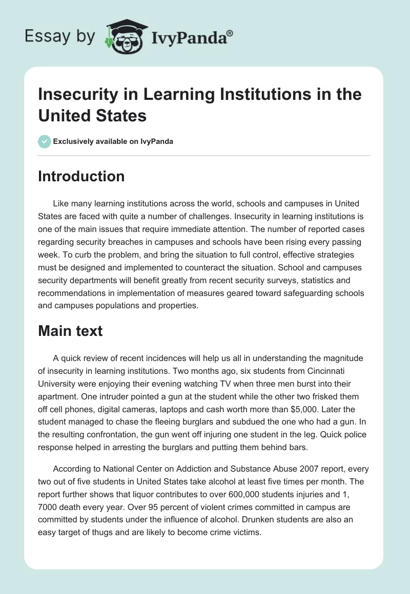 Insecurity in Learning Institutions in the United States. Page 1