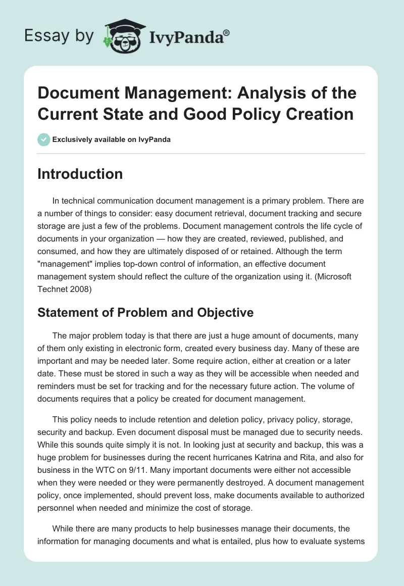 Document Management: Analysis of the Current State and Good Policy Creation. Page 1