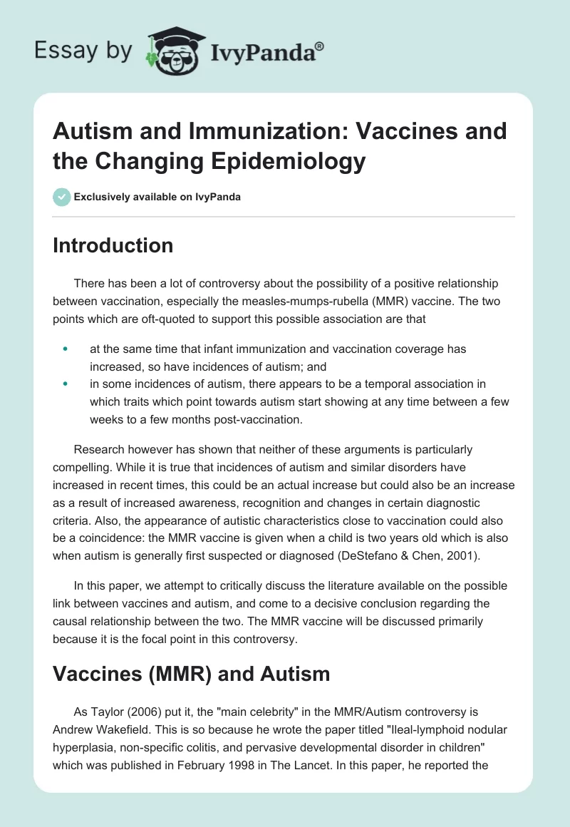 Autism and Immunization: Vaccines and the Changing Epidemiology. Page 1