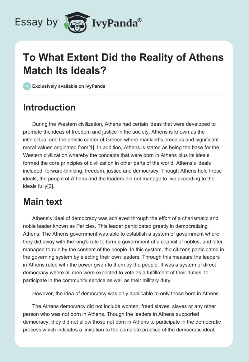 To What Extent Did the Reality of Athens Match Its Ideals?. Page 1