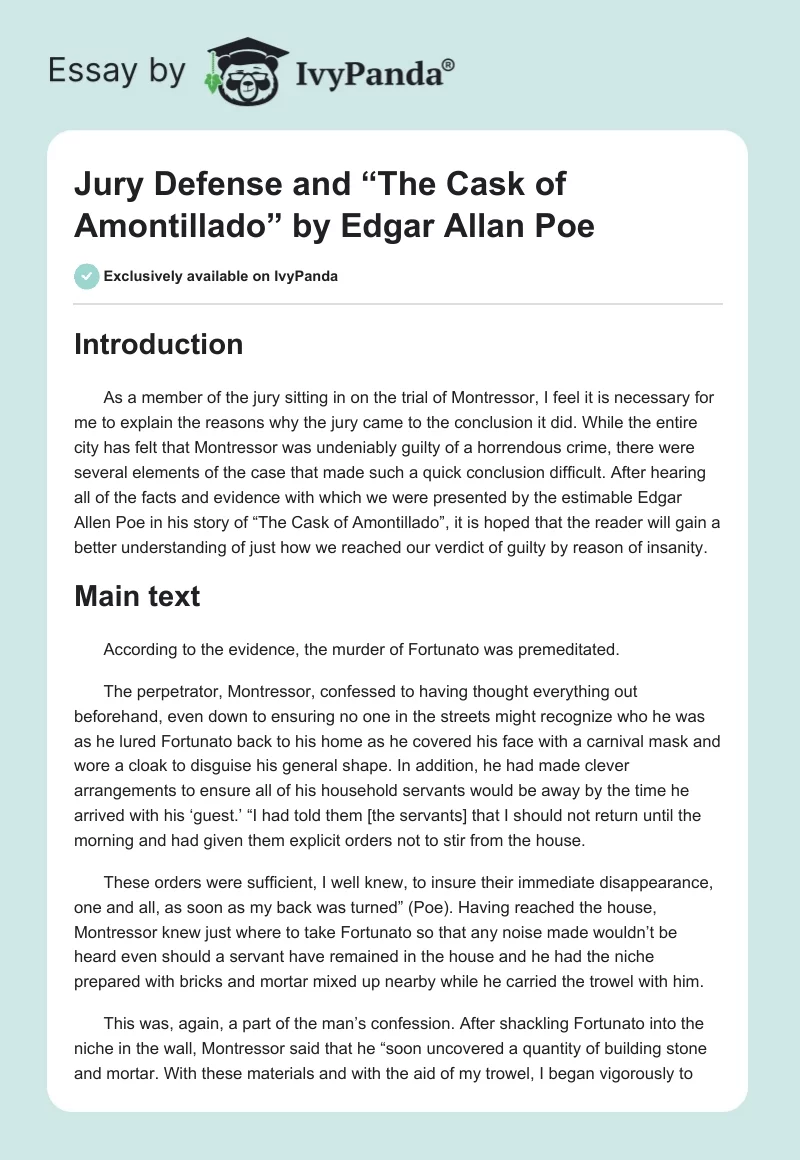 Jury Defense and “The Cask of Amontillado” by Edgar Allan Poe. Page 1