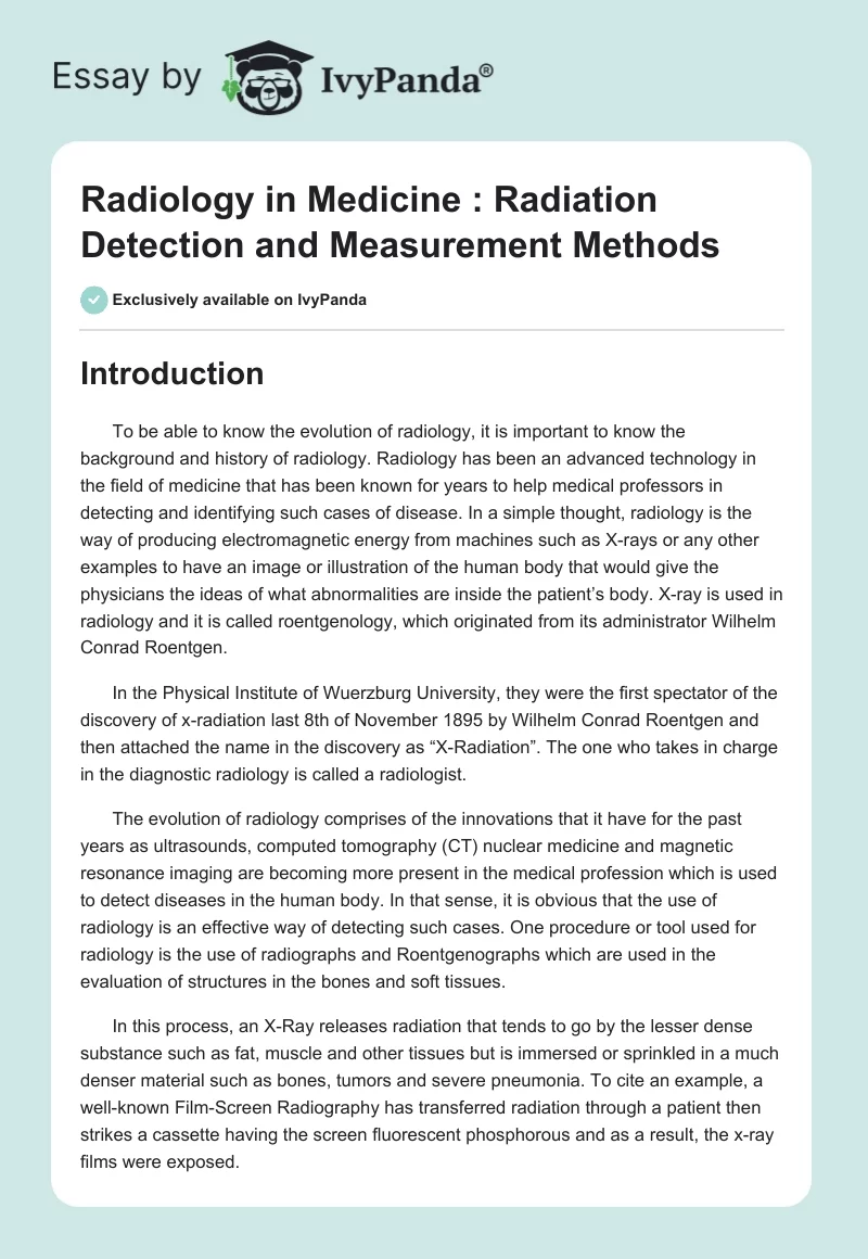 Radiology in Medicine : Radiation Detection and Measurement Methods. Page 1