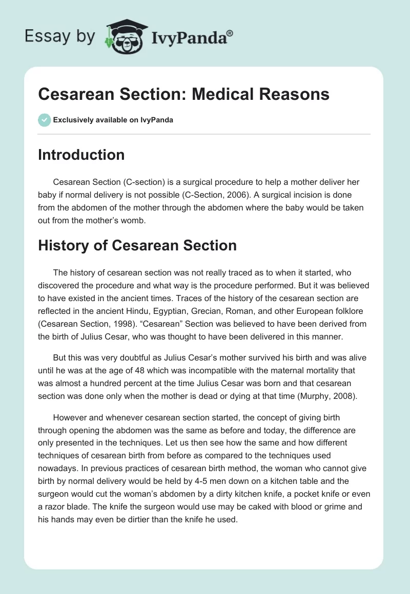 Cesarean Section: Medical Reasons. Page 1
