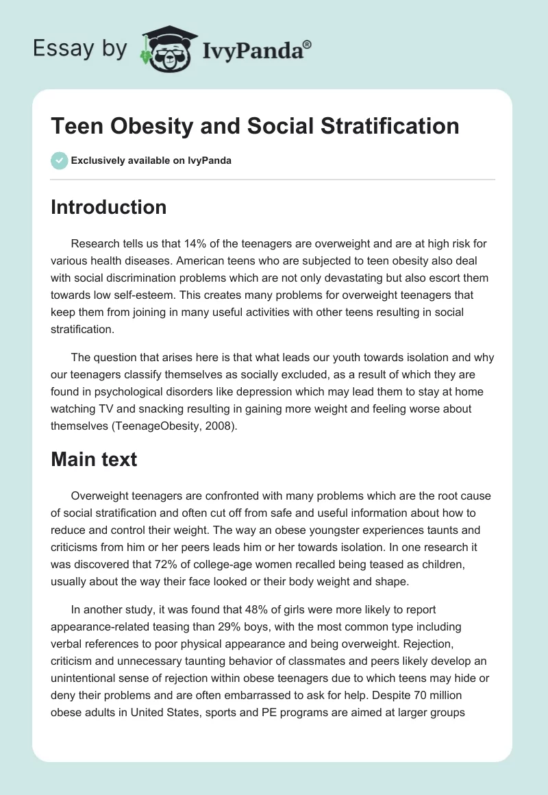 Teen Obesity and Social Stratification. Page 1