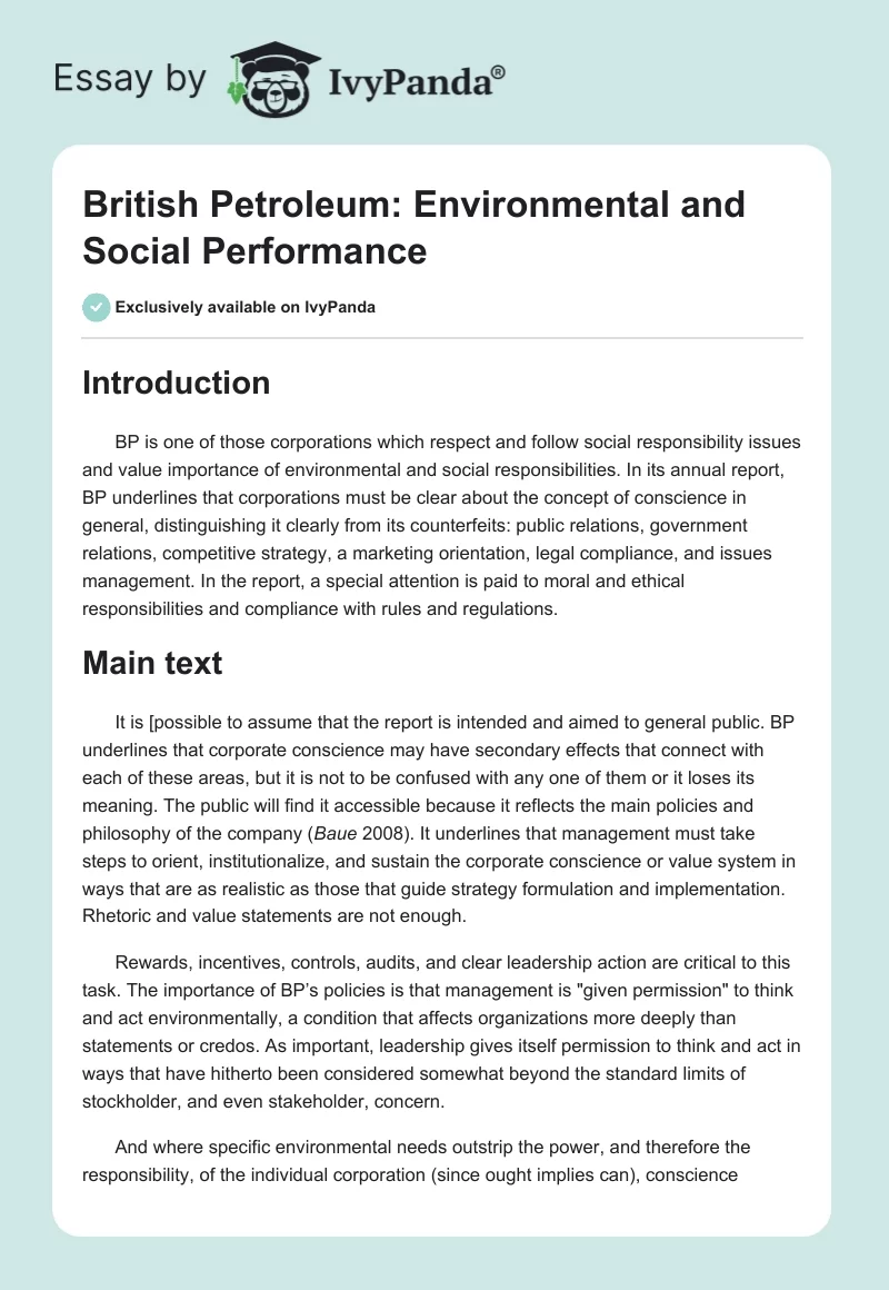 British Petroleum: Environmental and Social Performance. Page 1