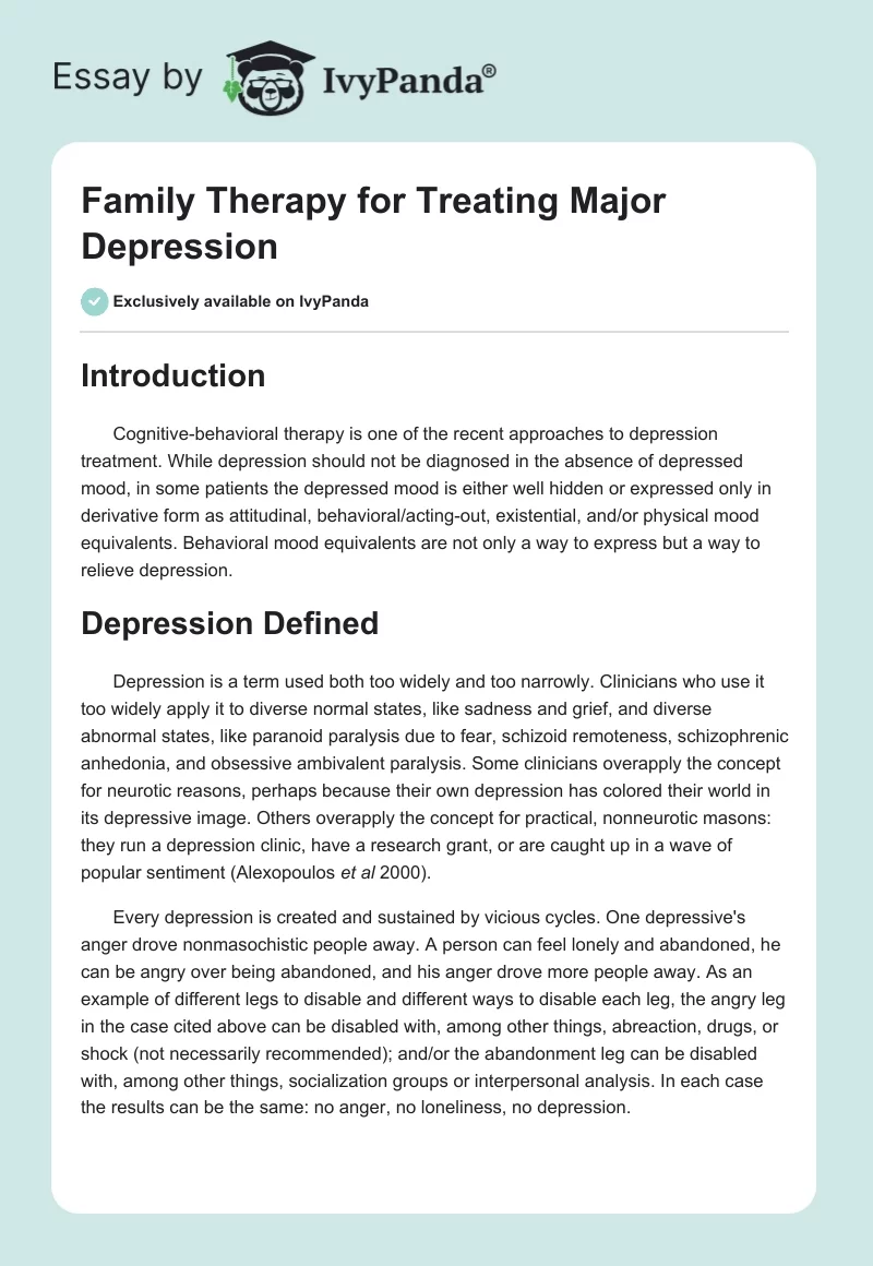 Family Therapy for Treating Major Depression. Page 1