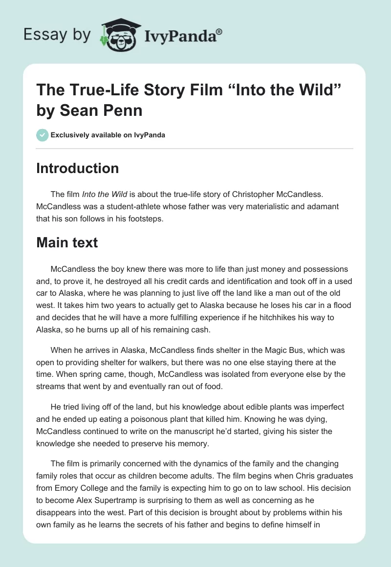 The True-Life Story Film “Into the Wild” by Sean Penn. Page 1