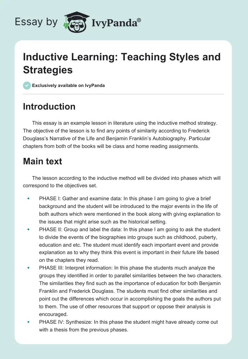 Inductive Learning: Teaching Styles and Strategies. Page 1