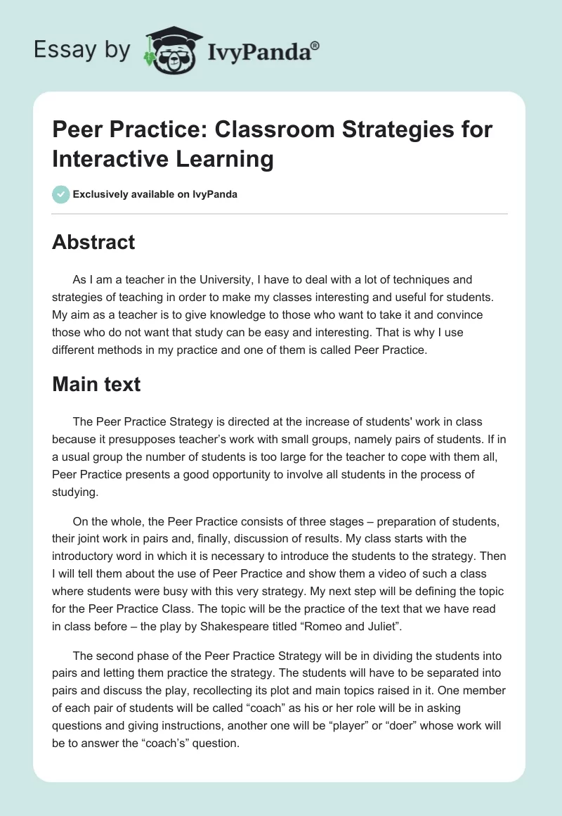Peer Practice: Classroom Strategies for Interactive Learning. Page 1
