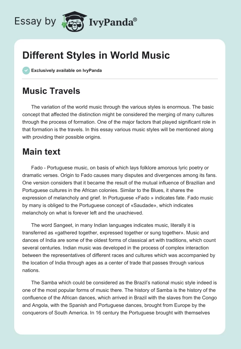 Different Styles in World Music. Page 1