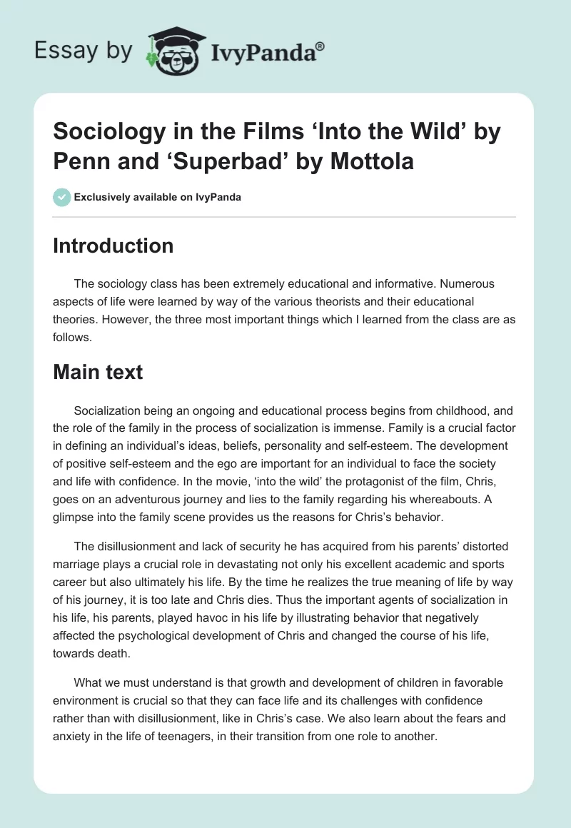 Sociology in the Films ‘Into the Wild’ by Penn and ‘Superbad’ by Mottola. Page 1