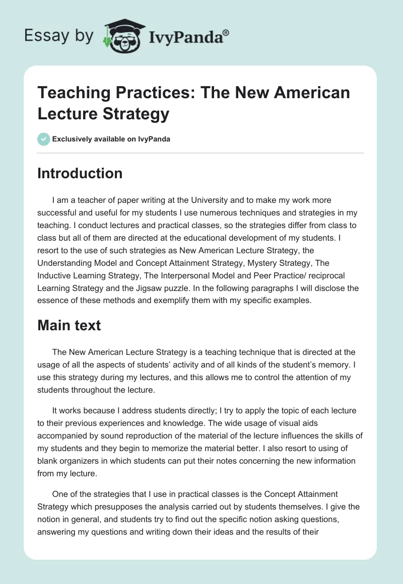 Teaching Practices: The New American Lecture Strategy. Page 1