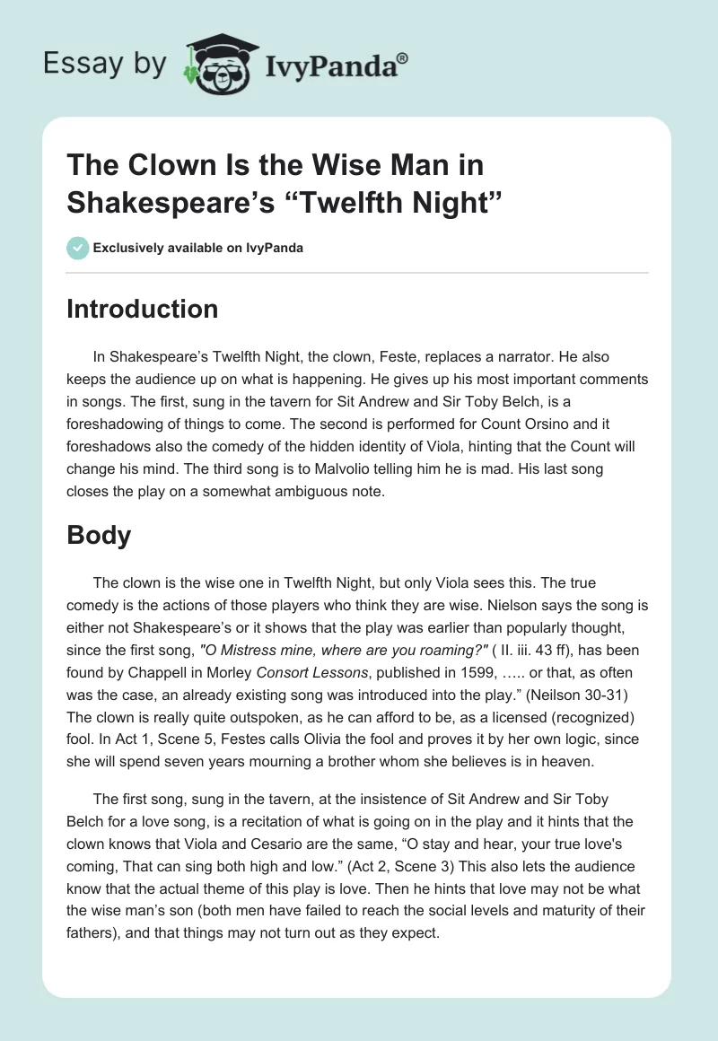 The Clown Is the Wise Man in Shakespeare’s “Twelfth Night”. Page 1