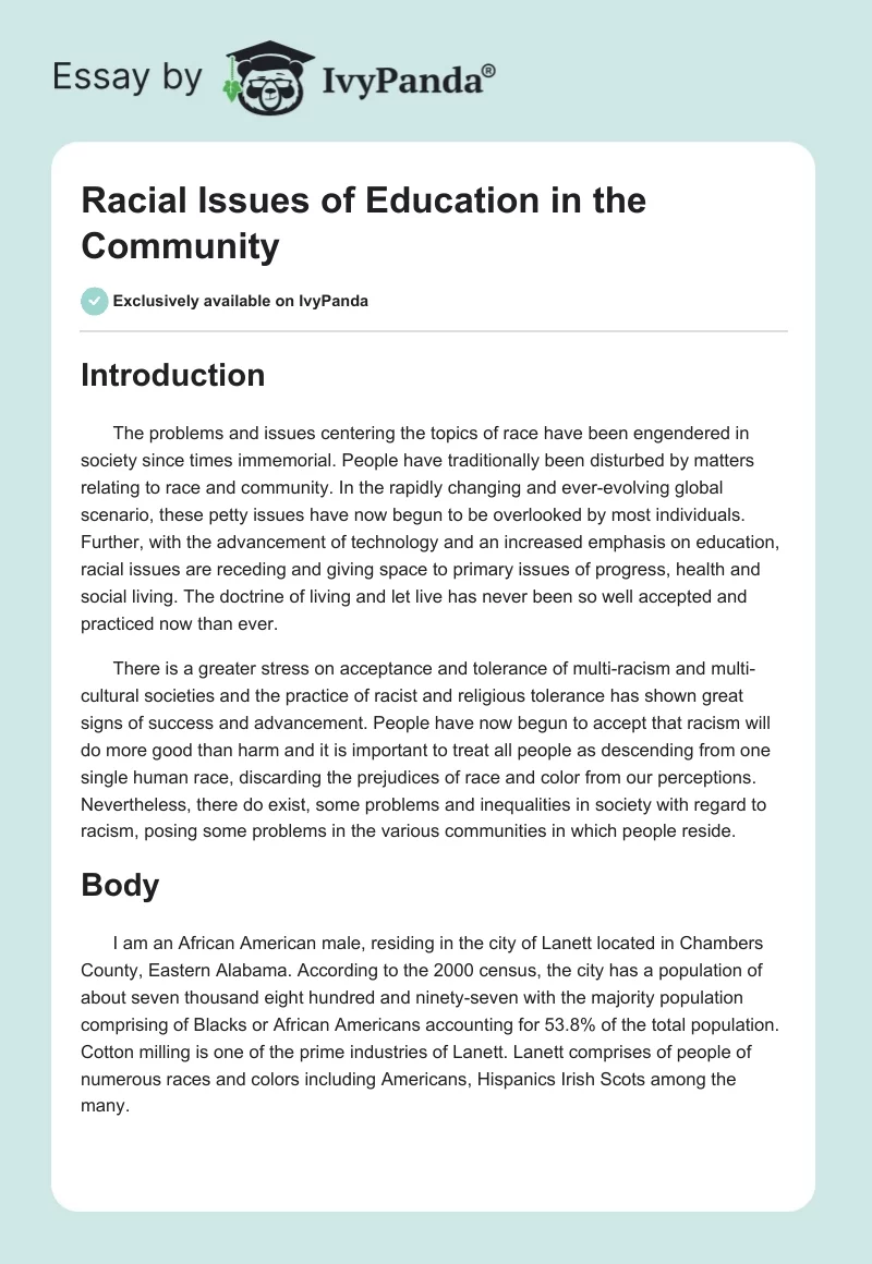 Racial Issues of Education in the Community. Page 1