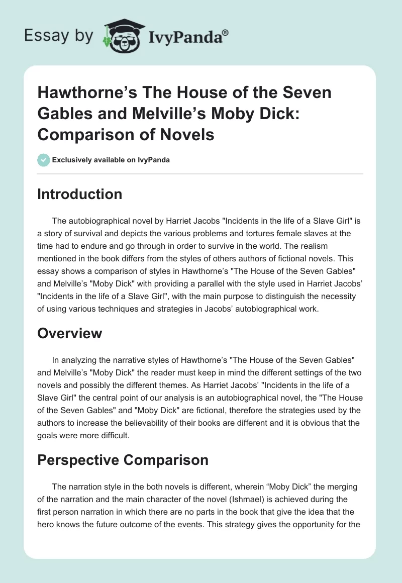 Hawthorne’s "The House of the Seven Gables" and Melville’s "Moby Dick": Comparison of Novels. Page 1