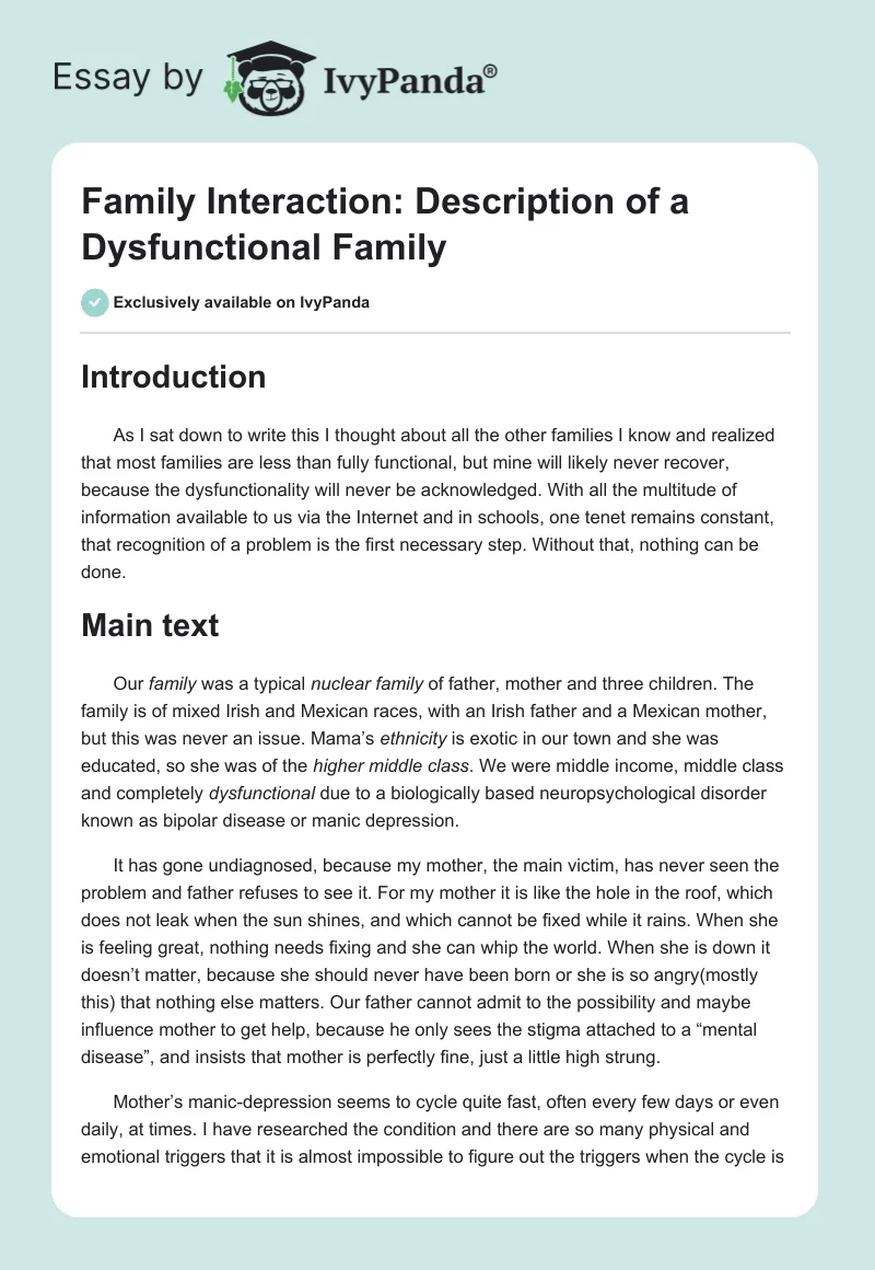 Family Interaction: Description of a Dysfunctional Family. Page 1
