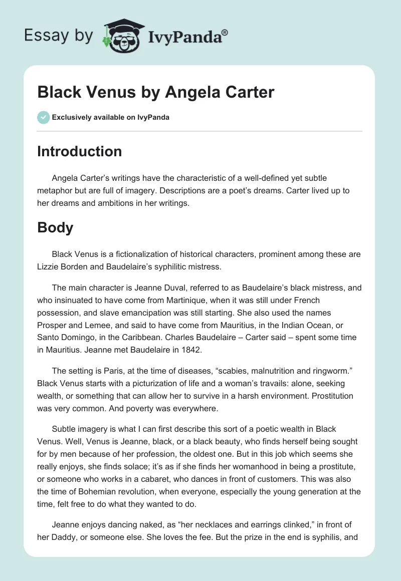 "Black Venus" by Angela Carter. Page 1