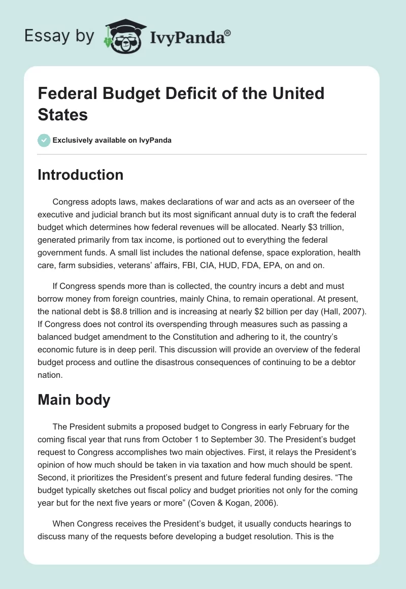 Federal Budget Deficit of the United States. Page 1