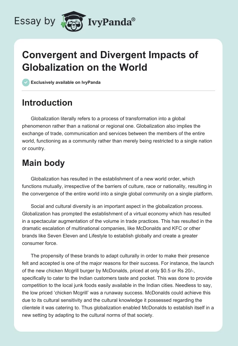Convergent and Divergent Impacts of Globalization on the World. Page 1