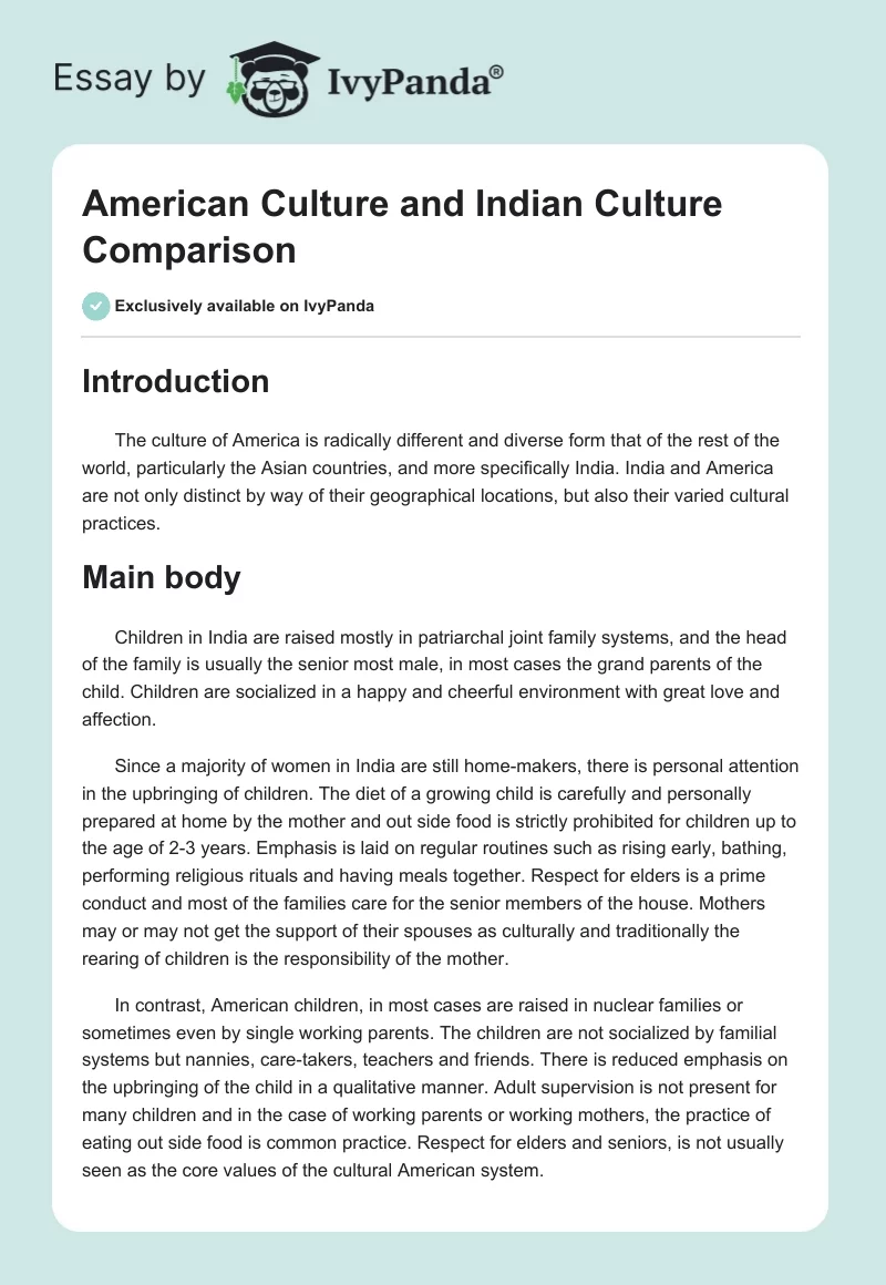 American Culture and Indian Culture Comparison. Page 1