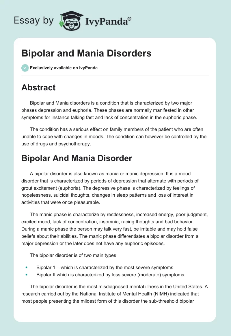 Bipolar and Mania Disorders. Page 1
