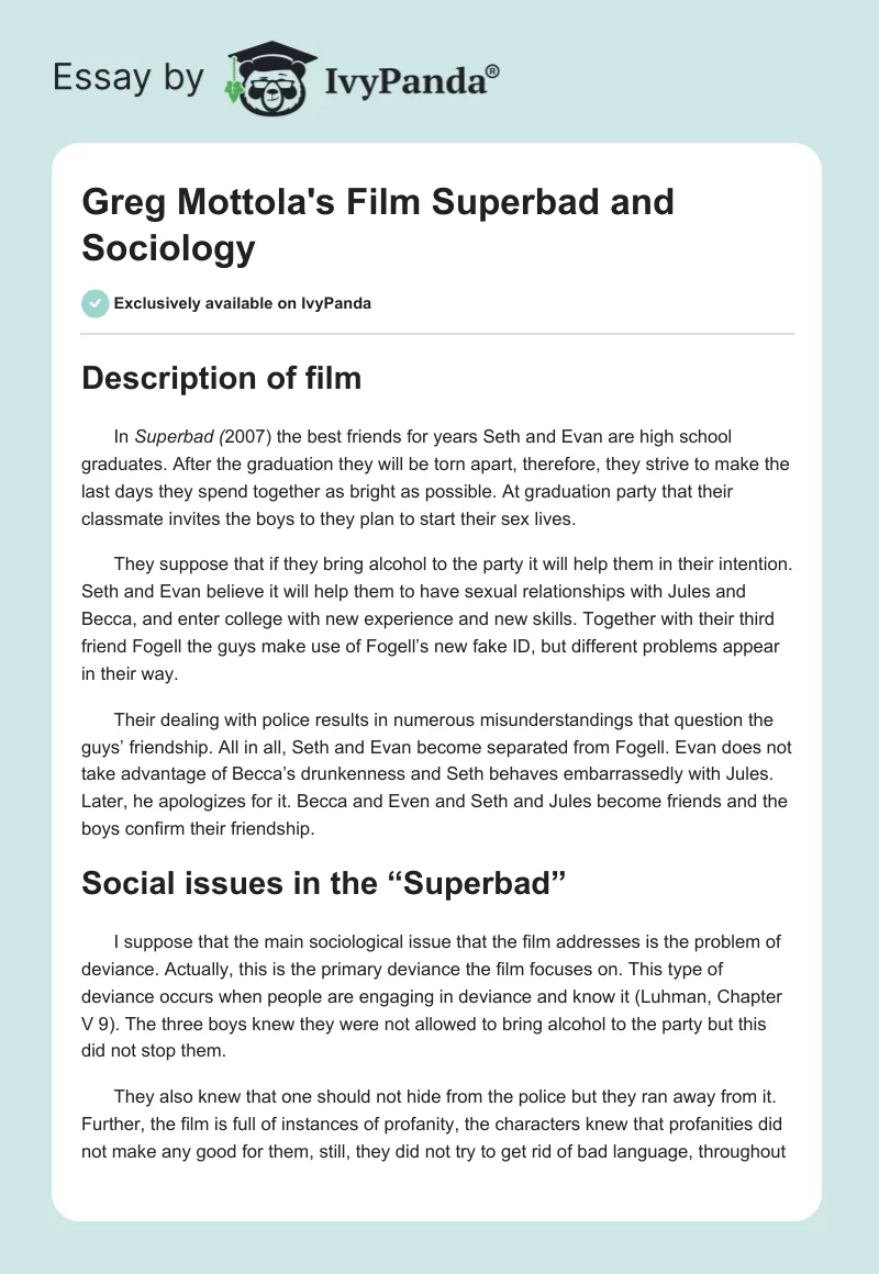 Greg Mottola's Film "Superbad" and Sociology. Page 1