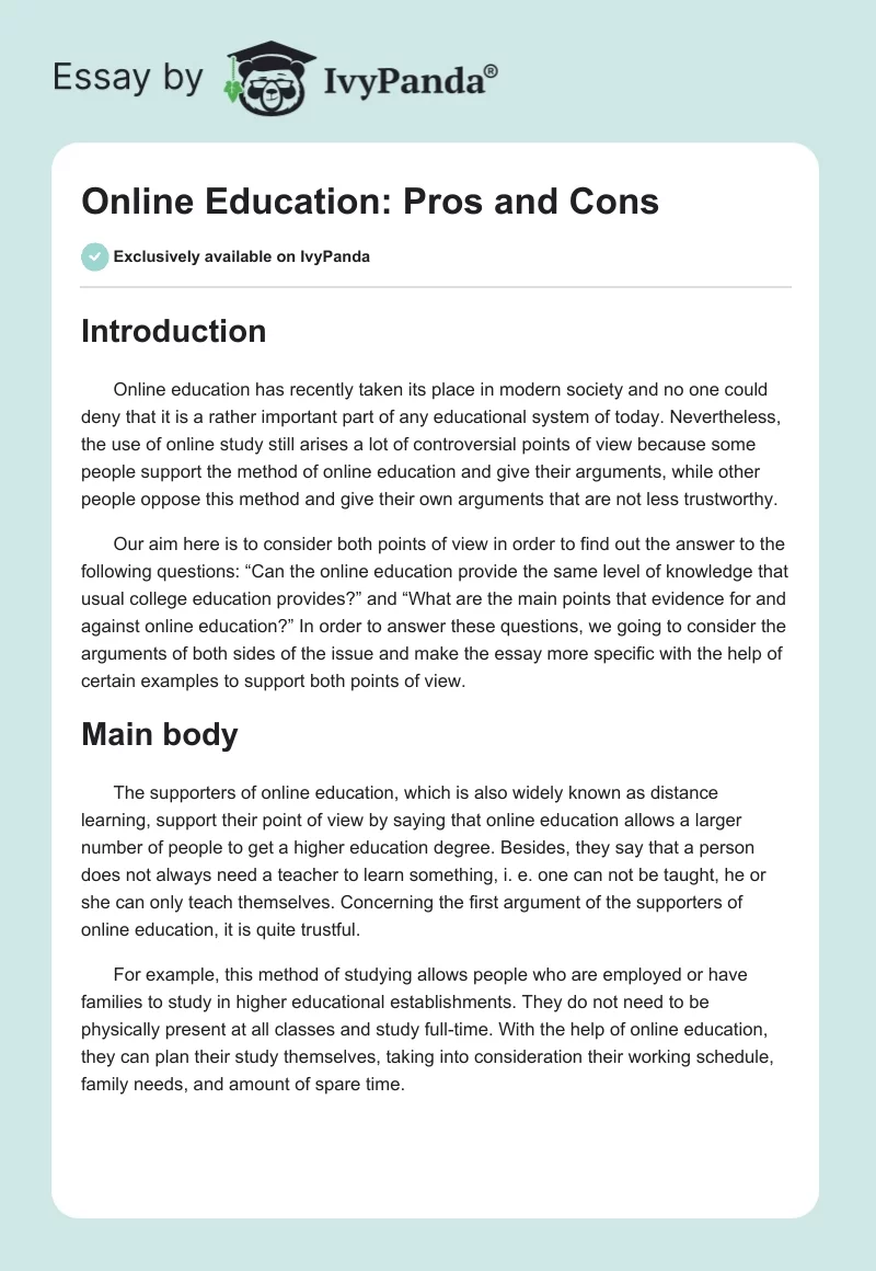 Online Education: Pros and Cons. Page 1