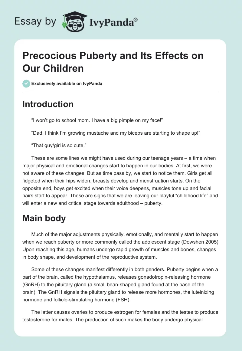 Precocious Puberty and Its Effects on Our Children. Page 1