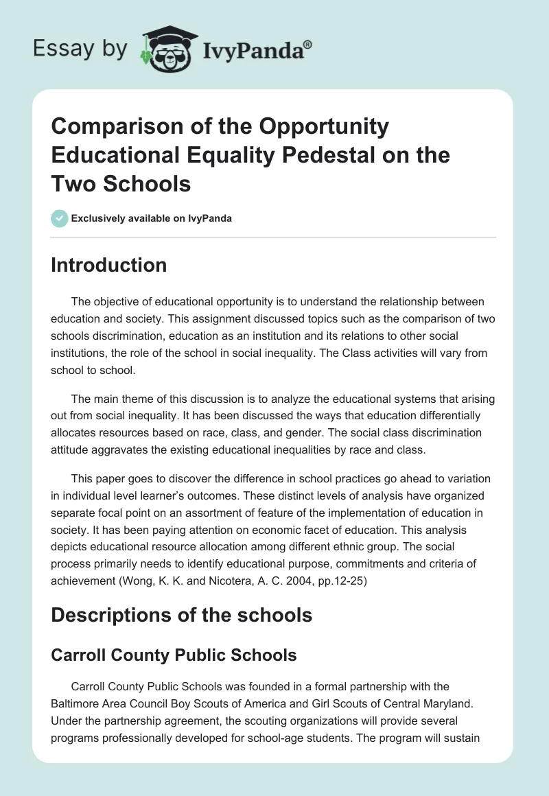 Comparison of the Opportunity Educational Equality Pedestal on the Two Schools. Page 1