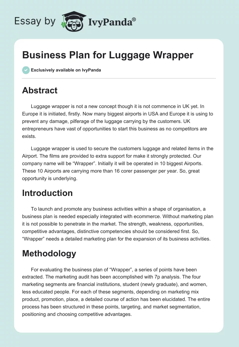 Business Plan for Luggage Wrapper. Page 1
