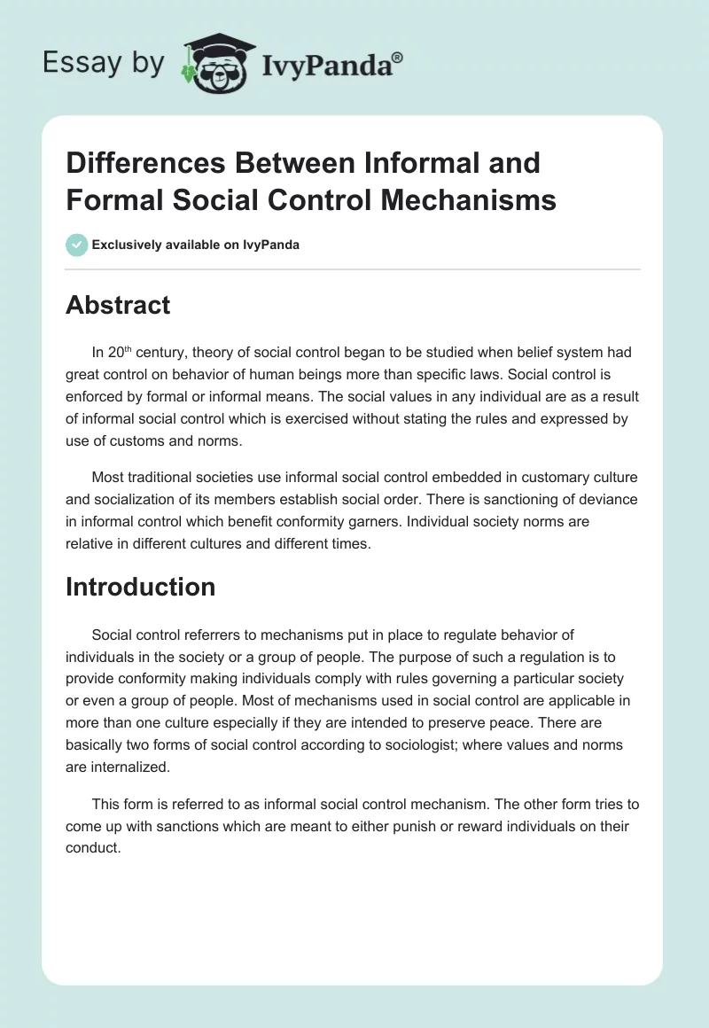 Differences Between Informal and Formal Social Control Mechanisms. Page 1