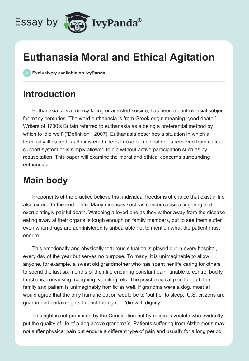 Euthanasia Moral and Ethical Agitation. Page 1