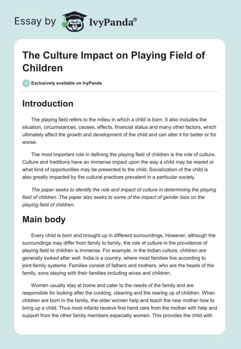 The Culture Impact on Playing Field of Children. Page 1