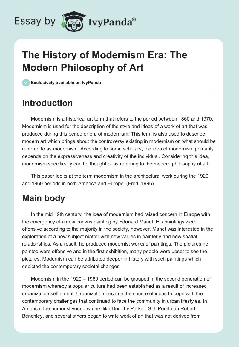 The History of Modernism Era: The Modern Philosophy of Art. Page 1