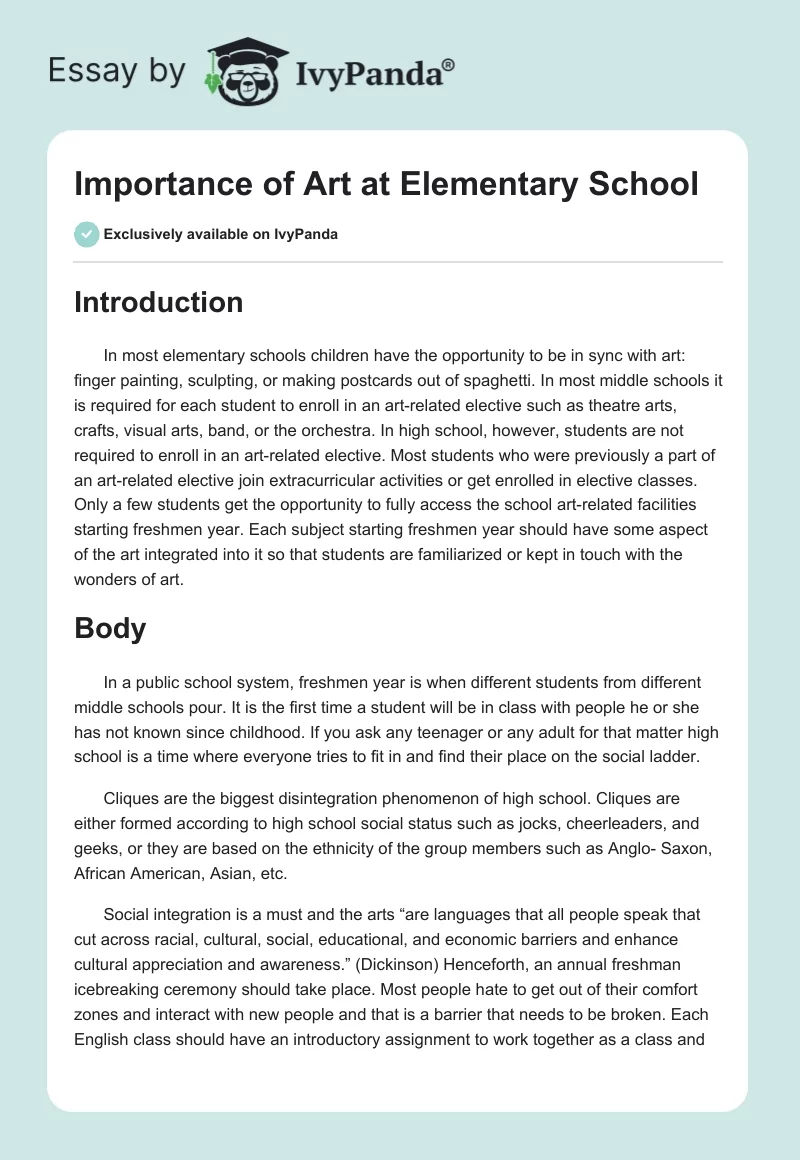 Importance of Art at Elementary School. Page 1