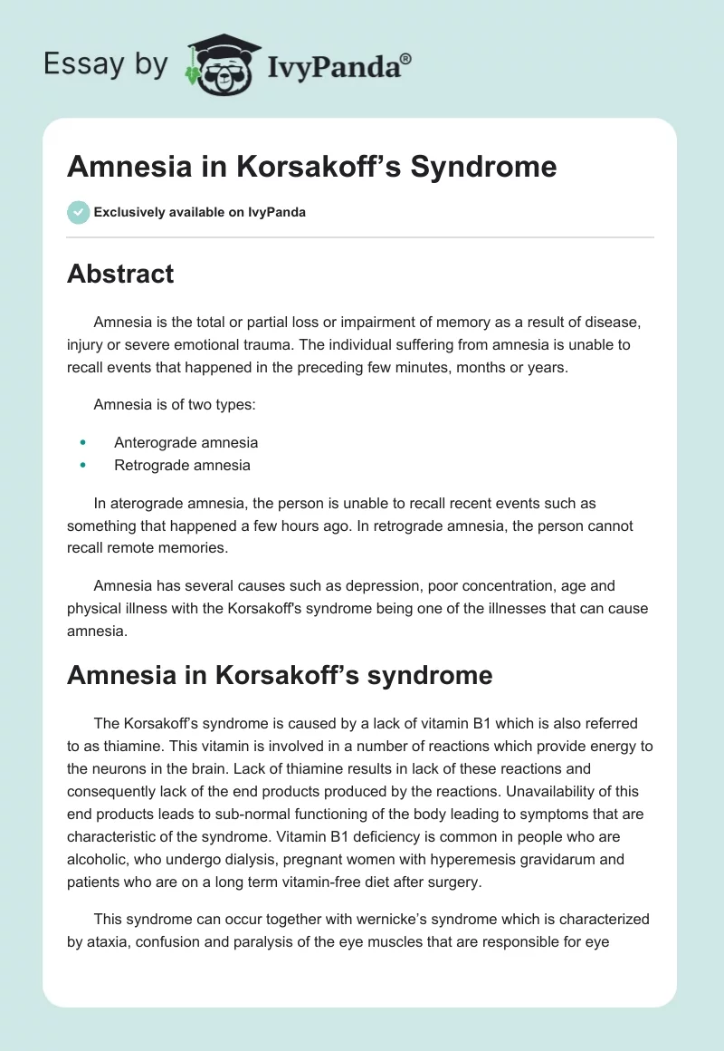 Amnesia in Korsakoff’s Syndrome. Page 1