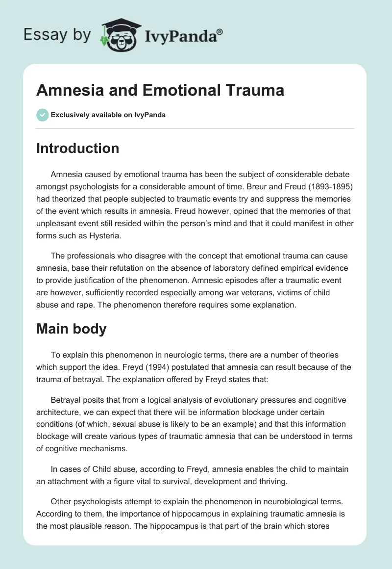 Amnesia and Emotional Trauma. Page 1