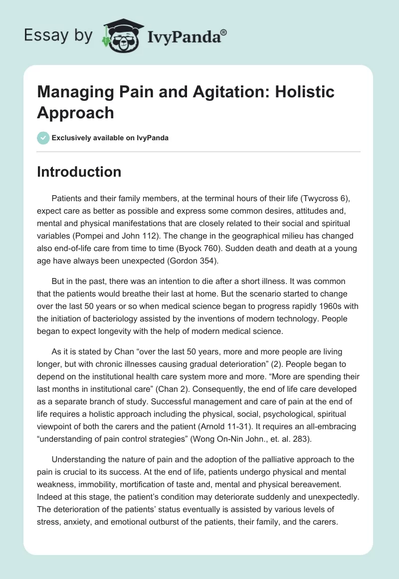 Managing Pain and Agitation: Holistic Approach. Page 1