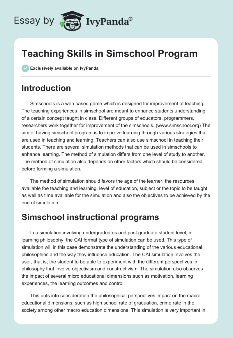 Teaching Skills in Simschool Program. Page 1