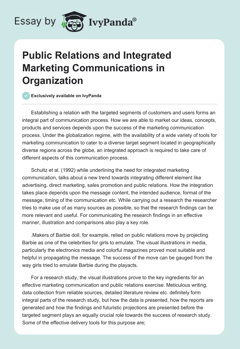 Public Relations and Integrated Marketing Communications in Organization. Page 1