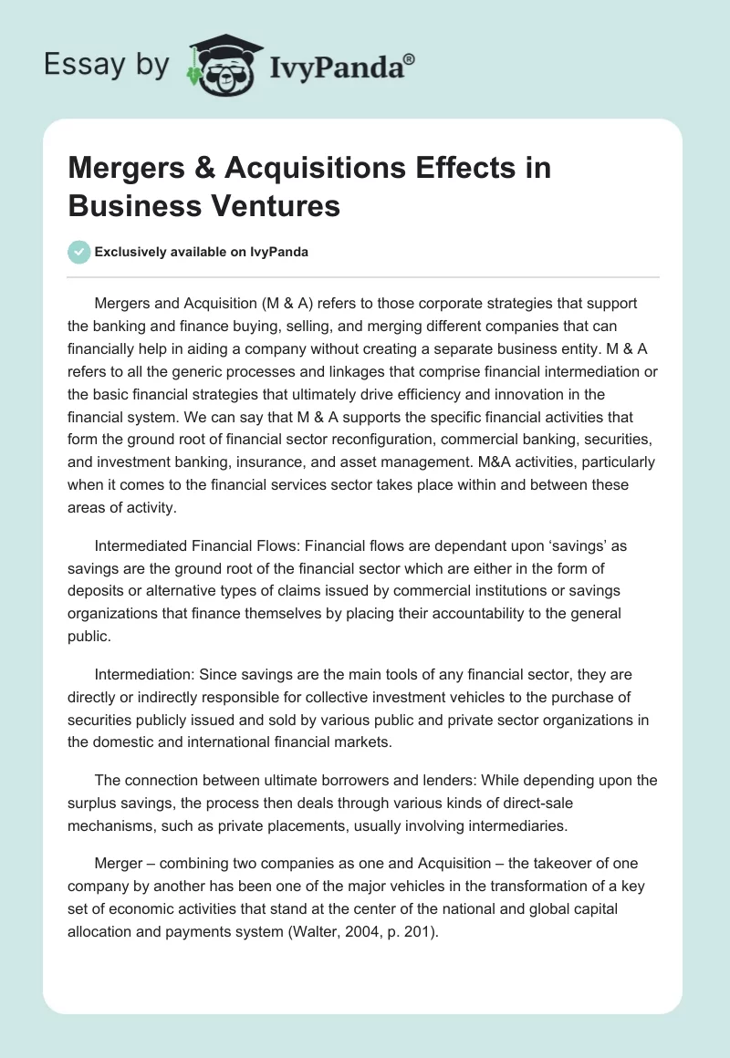 Mergers & Acquisitions Effects in Business Ventures. Page 1