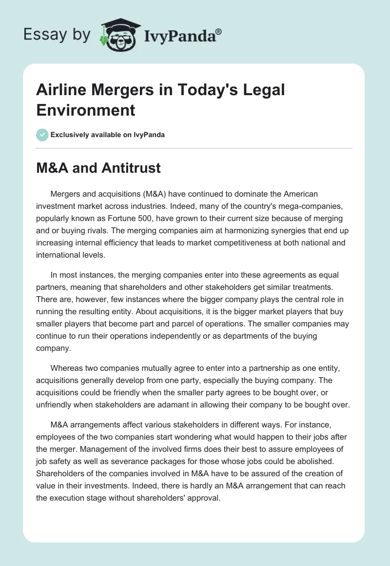 Airline Mergers in Today's Legal Environment. Page 1