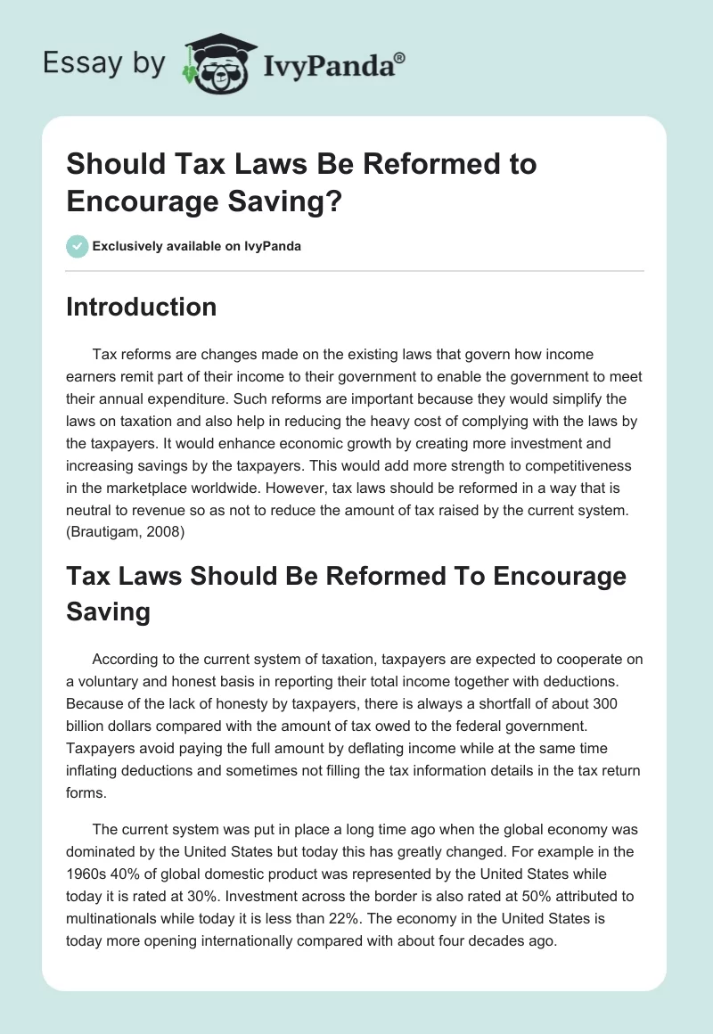 Should Tax Laws Be Reformed to Encourage Saving?. Page 1